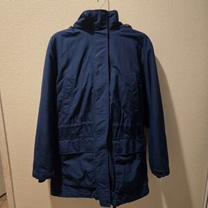 LANDS END WOMENS JACKET M BLUE POLARTEC Fleece Lined Removable Hood Parka